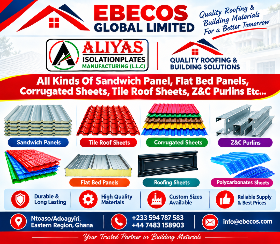 Ebecos roofing product range — sandwich panels, tile roof sheets, corrugated sheets, purlins and polycarbonate sheets