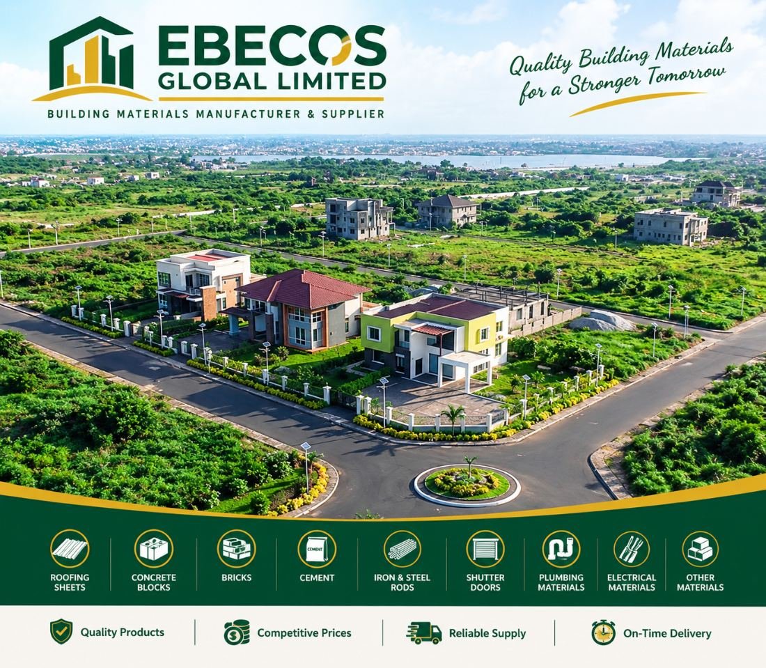 Aerial view of an Ebecos serviced estate layout — tarred access roads, street lighting and completed homes on demarcated plots