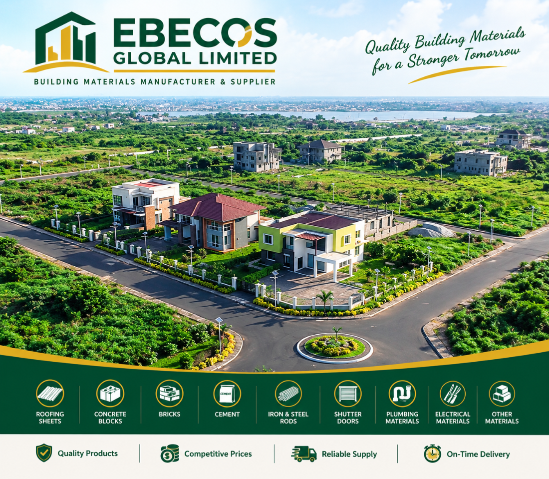 Aerial view of an Ebecos serviced estate layout — tarred access roads, street lighting and completed homes on demarcated plots